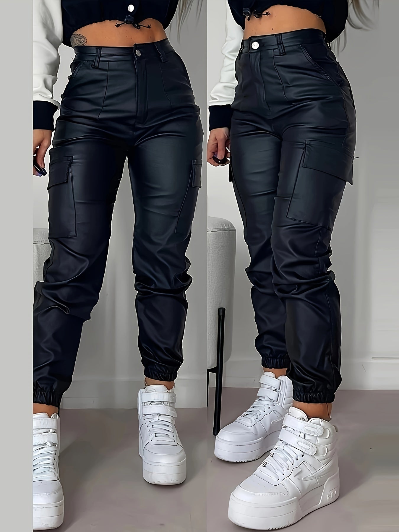 Women's Street Style High-Rise Cargo Jeans - Solid Color, Smooth Fabric, Medium Stretch, Woven | Multi-Pocket Design | Glossy Finish | Comfort Fit | All-Season Wear